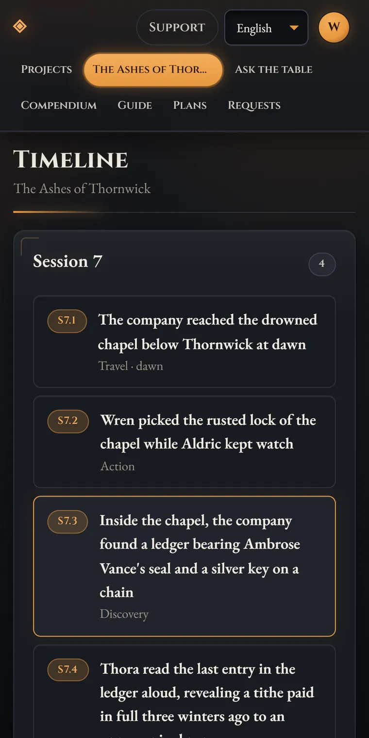 A player's timeline on a phone, showing only the sessions the gamemaster has shared.